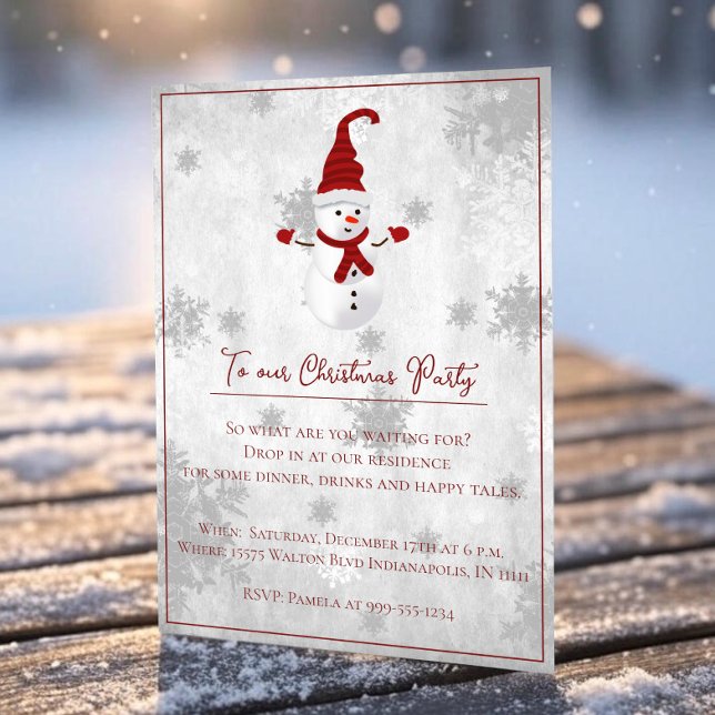 Invitation à la fête de Noël de Red Cute Snowman (Red Cute Snowman Christmas Party Invitation)