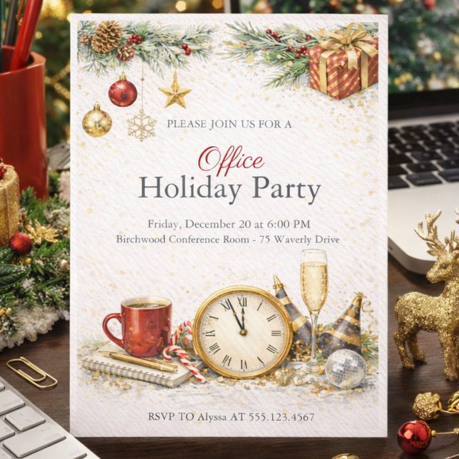Invitation à la fête de Noël d'entreprise (Celebrate the season with a warm ivory and gold corporate holiday gathering)
