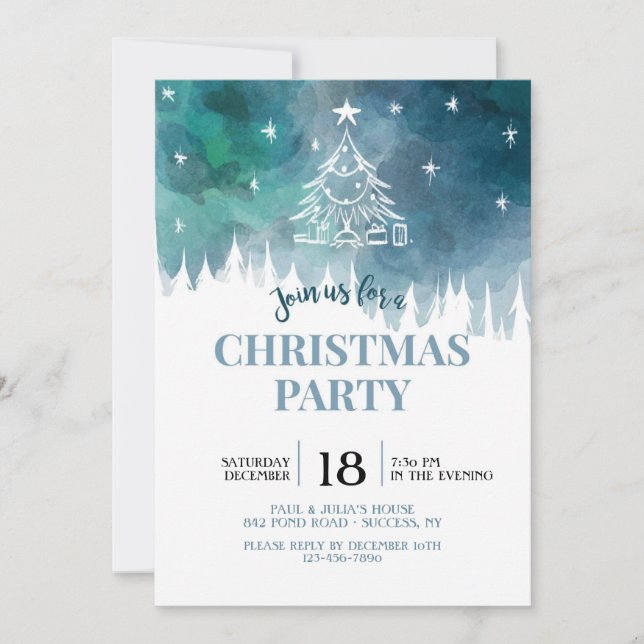 Invitation à la fête de Noël enneigée en bleu (Devant)