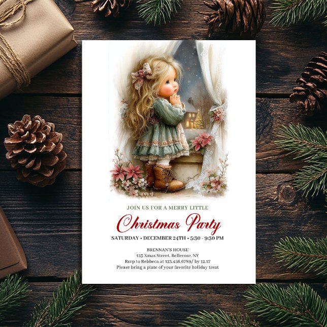 Invitation à la fête de Noël Fille mignonne Scène  (Christmas Celebration Invite Cute Girl Holiday Scene)