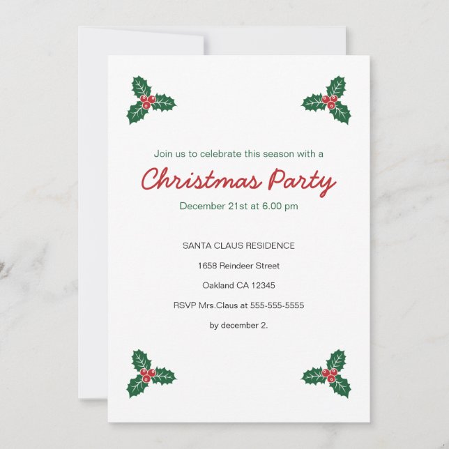 Invitation à la fête de Noël Holly & Presents (Devant)