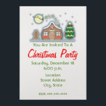 Invitation à la fête de Noël - Maison du pain d'ép<br><div class="desc">Une invitation à la fête de Noël illustrant une scène de neige sur une maison de pain d'épices,  avec un homme en pain d'épice,  un sapin de Noël et Père Noël traîneau à chiens avec des rennes volant à travers le ciel devant la lune.</div>