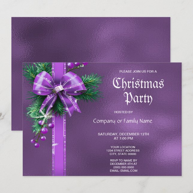 Invitation à la fête de Noël Purple Bow (Devant / Derrière)