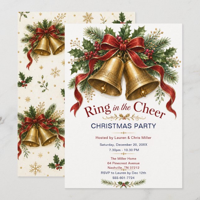 Invitation à la fête de Noël « Ring in the Cheer » (Devant / Derrière)