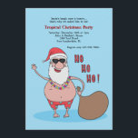 Invitation à la fête de Noël tropicale<br><div class="desc">L'invitation parfaite à la fête de Noël tropicale ! Le arrière - plan bleu présente Père Noël dans son maillot de bain et son casquette en lei de fleurs, lunettes de soleil et tenant son sac. La carte est facile à customiser avec votre libellé, police, couleur de police, options de...</div>