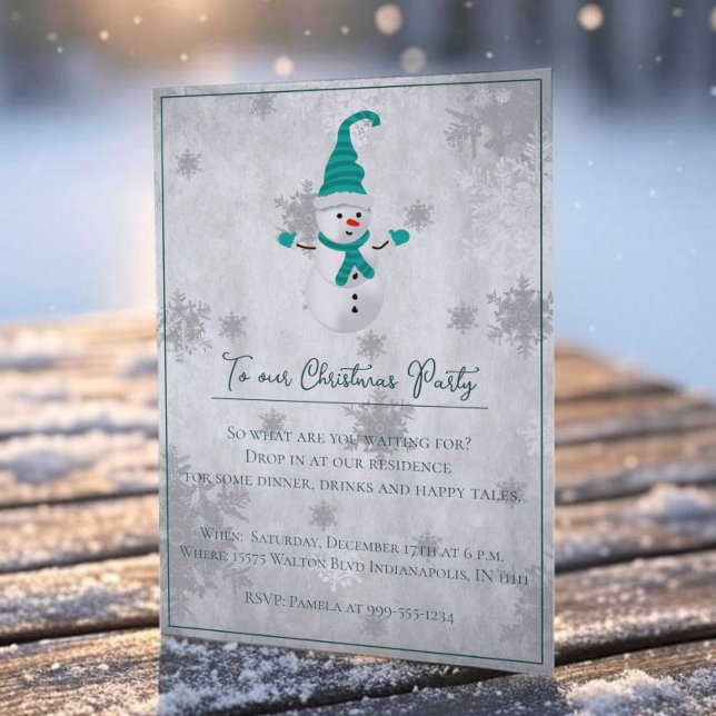 Invitation à la fête de Noël turquoise Snowman (Teal Cute Snowman Christmas Party Invitation)