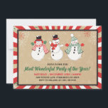 Invitation à la fête de Noël vintage Snowman<br><div class="desc">Invités Invitations à votre fête de Noël avec cette mignonne invitation vintage de fête de Noël bonhomme de neige. Ce charmant design présente trois adorables bonhommes de neige de style vintage, chacun débordant de joie de vacances classique. C'est une façon très émouvante de faire de l'inauguration de la saison des...</div>
