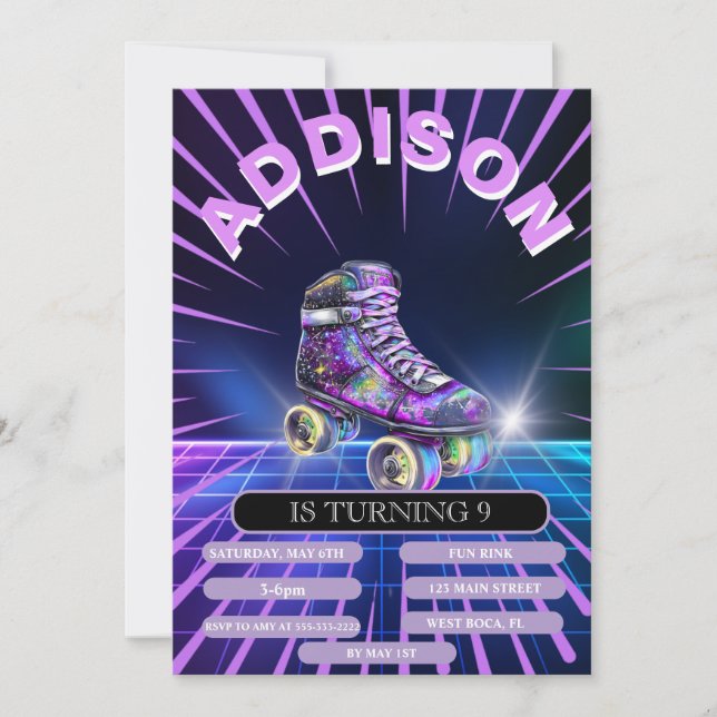 Invitation à la fête de patin à roulettes néon (Devant)
