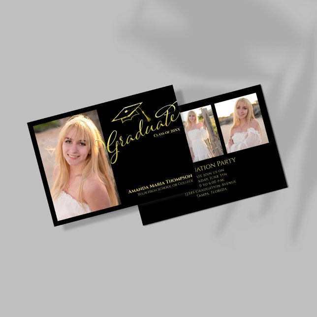 Invitation à la fête de photos de remise de diplôm (Black and gold graduation photo invitation with elegant script and cap illustration.)
