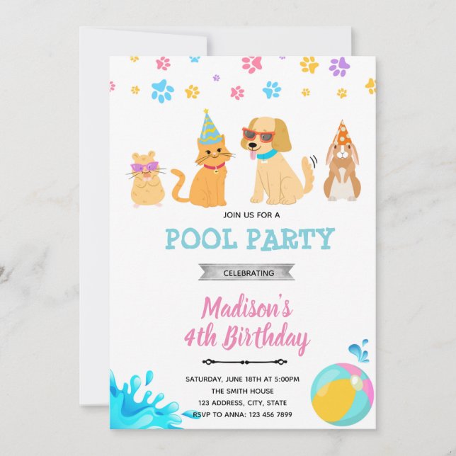 Invitation à la fête de piscine pour animaux de co (Devant)
