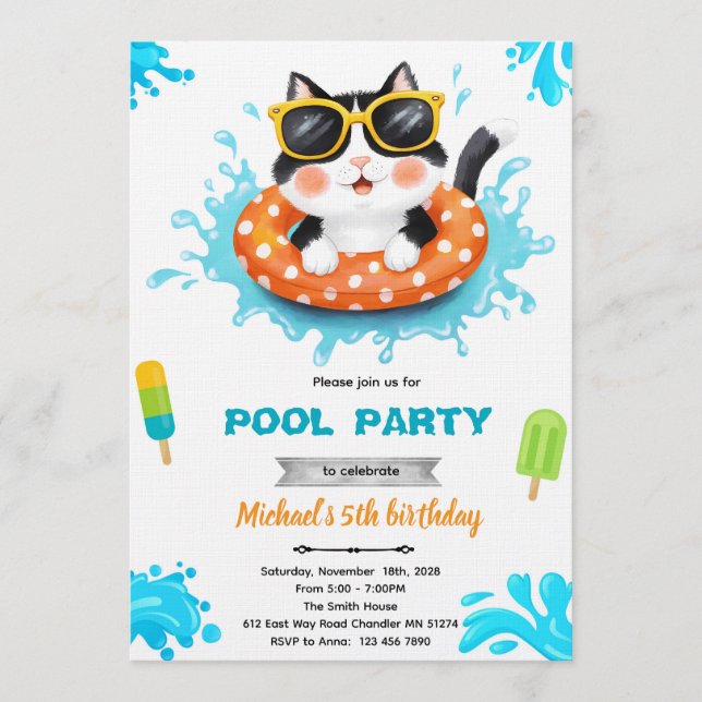 Invitation à la fête de piscine pour chats (Devant)