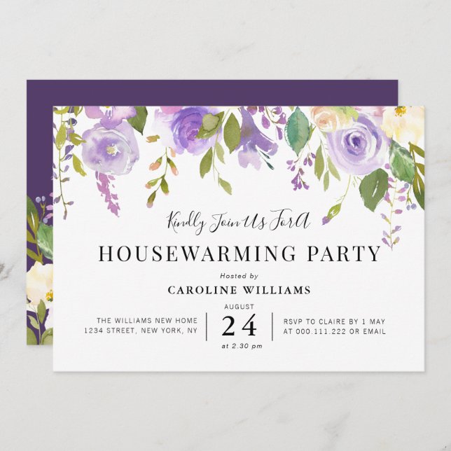 invitation à la fête de réchauffage fleuri violet (Devant / Derrière)