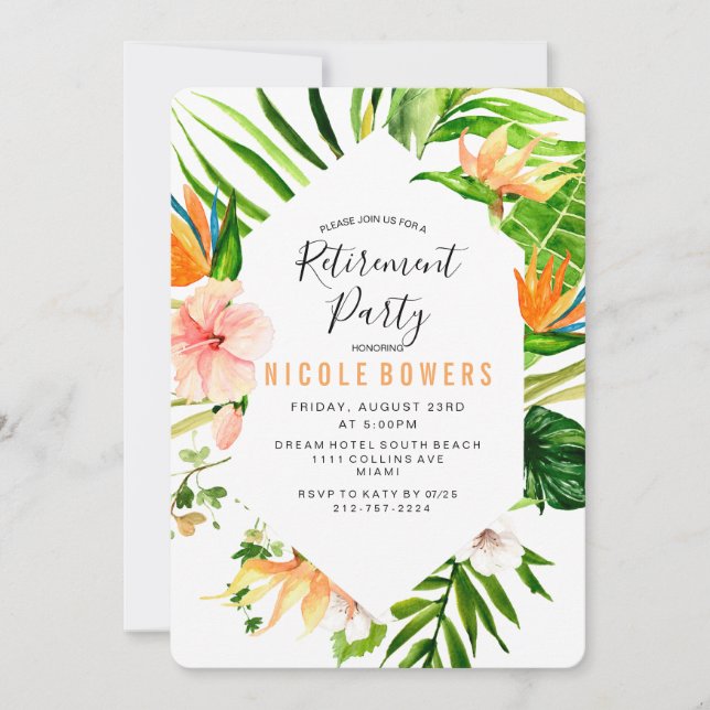 Invitation à la fête de retraite Florale Tropicale (Devant)