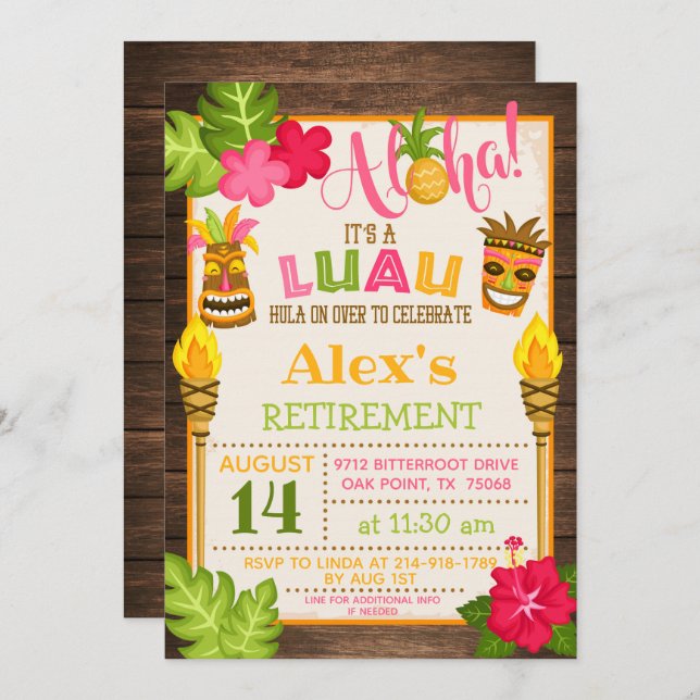 Invitation à la fête de retraite Luau - Texte Oran (Devant / Derrière)