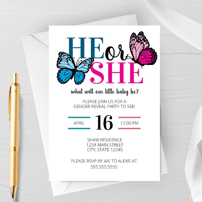 Invitation à la fête de révélation du sexe du Papi (He or She Butterfly Garden Spring Gender Reveal Party Invitation)