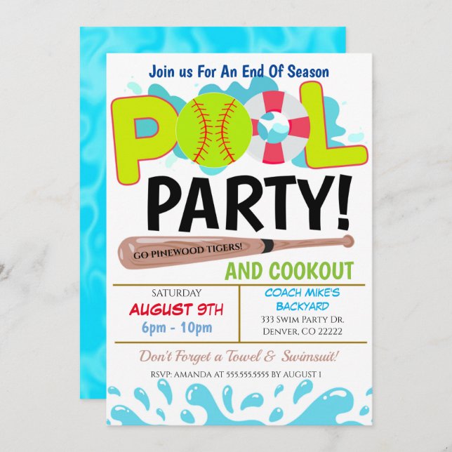 Invitation à la fête de softball de piscine l'été (Devant / Derrière)