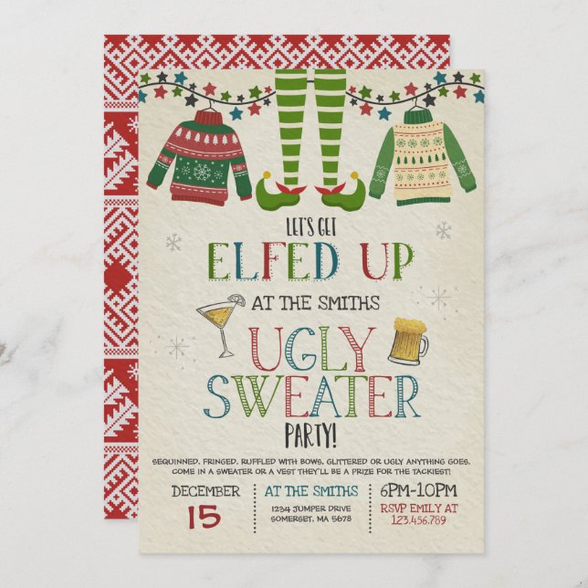 Invitation à la fête de Sweater moche Noël Elfed U (Devant / Derrière)