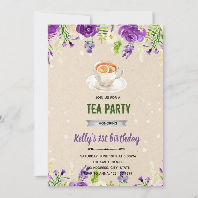 Invitation à la fête de thé aux fleurs violettes (Devant)