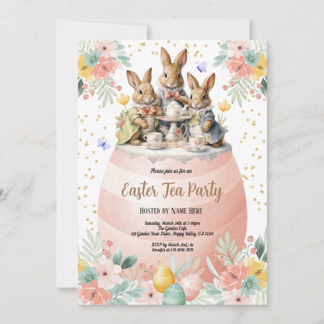Invitation à la fête de thé de Pâques. Lapin rose  (Devant)
