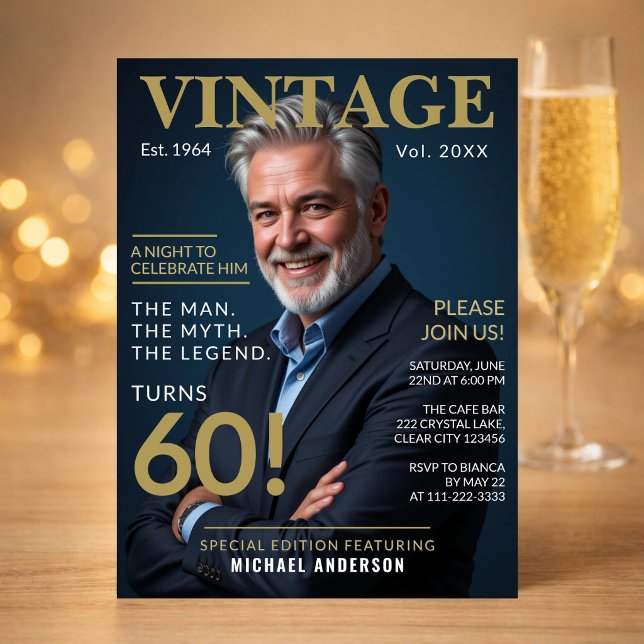 Invitation à la fête des 60 ans de Papa (Elegant navy gold 60th birthday invite styled for a refined and memorable evening celebration)