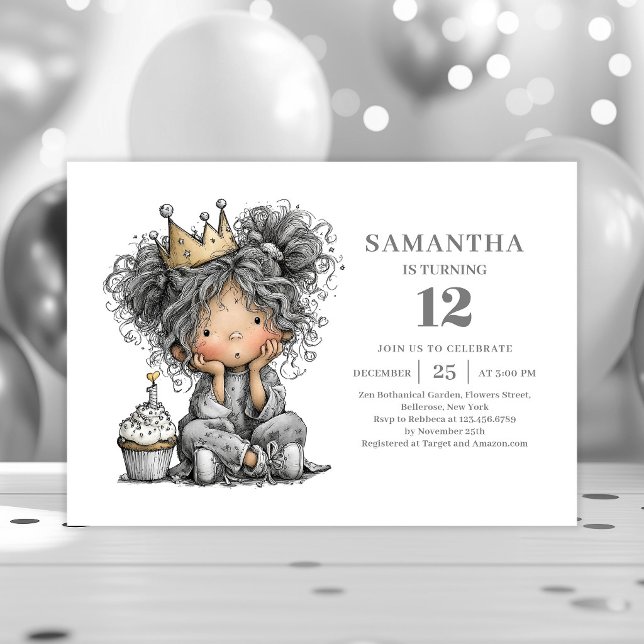 Invitation à la fête des 6 ans de la fille origina (Quirky Girl 6th Birthday Black Gold Party invitation)