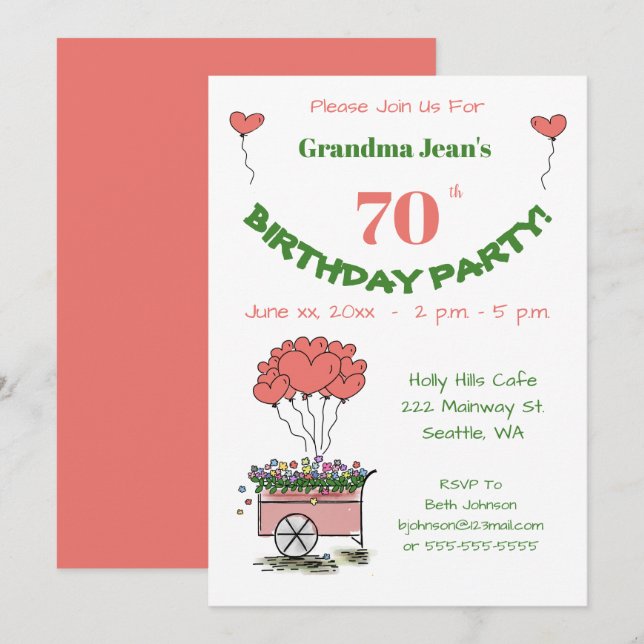 Invitation à la fête des 70 ans - Grand-mère Heart (Devant / Derrière)