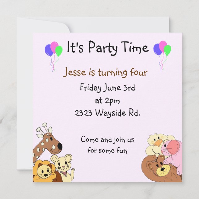 Invitation à la fête des animaux du zoo (Devant)