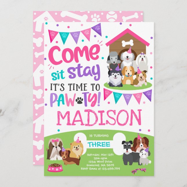 Invitation à la fête des chiots Chiens roses Anniv (Devant / Derrière)