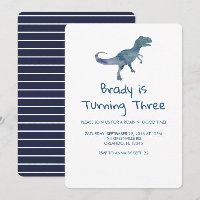Invitation à la fête des dinosaures à rayures bleu (Devant / Derrière)