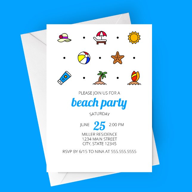 Invitation à la fête des icônes de plage (Minimalist Modern Beach Line Icons Beach Party Invitation)