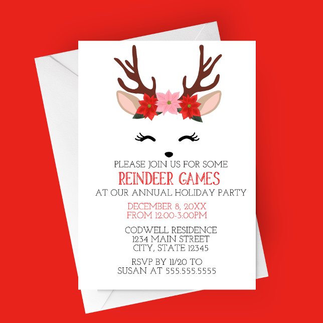 Invitation à la fête des jeux de rennes des Fêtes (Reindeer Games Minimalist Holiday Party Invitation | Deer with Flower Crown | Christmas Party)