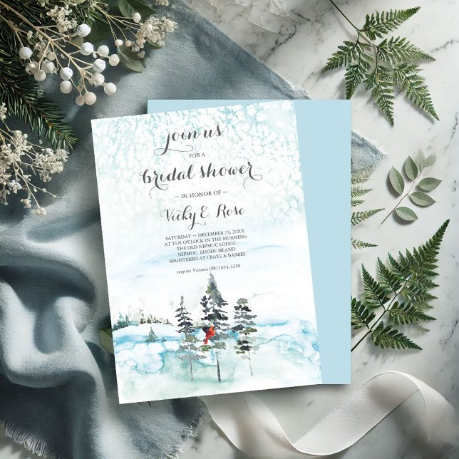Invitation à la Fête des mariées À feuillage persi (Country bridal shower invitations watercolor pine trees snowy scene cardinal blue)