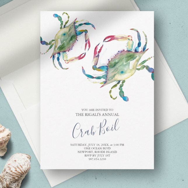 Invitation à la fête d'été de Crab Boil (low country boil invitations watercolor blue crab art by Victoria Grigaliunas Do Tell A Belle)