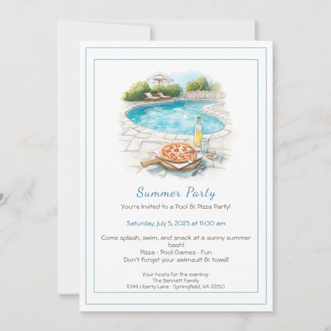 Invitation à la Fête d'Été Piscine et Pizza (Devant)