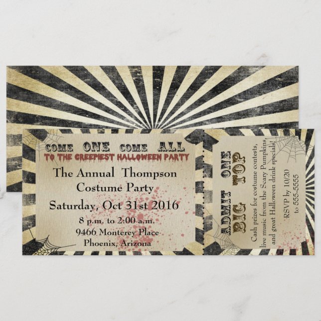 Invitation à la fête d'Halloween Billet de cirque (Devant / Derrière)