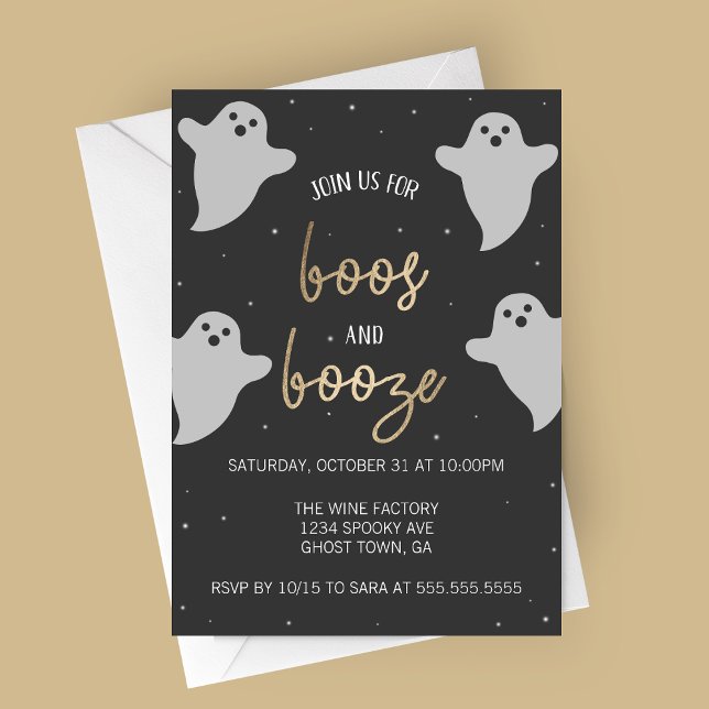 Invitation à la fête d'Halloween Boos and Booze (Boos and Booze Flying Ghosts Elegant Halloween Party Invitation)