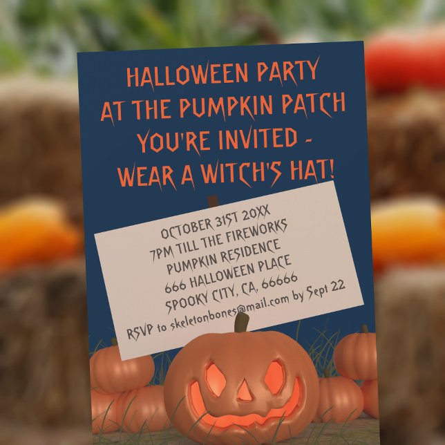 Invitation à la fête d'Halloween dans un champ de  (You're invited to wear a witches hat at your Halloween party! Fun pumpkin invitation!)