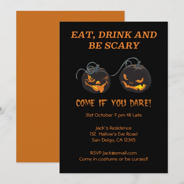 Invitation à la fête d'Halloween de deux Citrouill (Devant / Derrière)