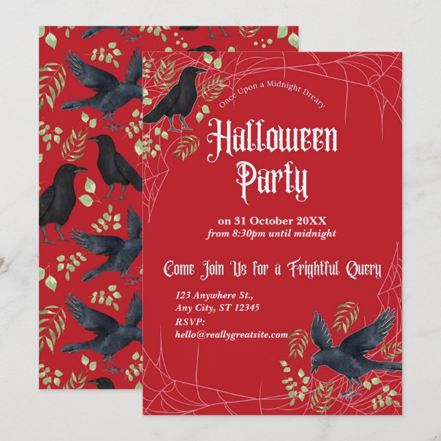 Invitation à la fête d'Halloween de Raven en rouge (Devant / Derrière)