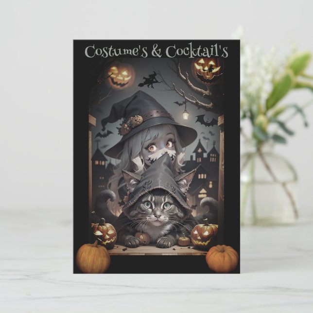 Invitation à la fête d'Halloween d'une sorcière et (Debout devant)