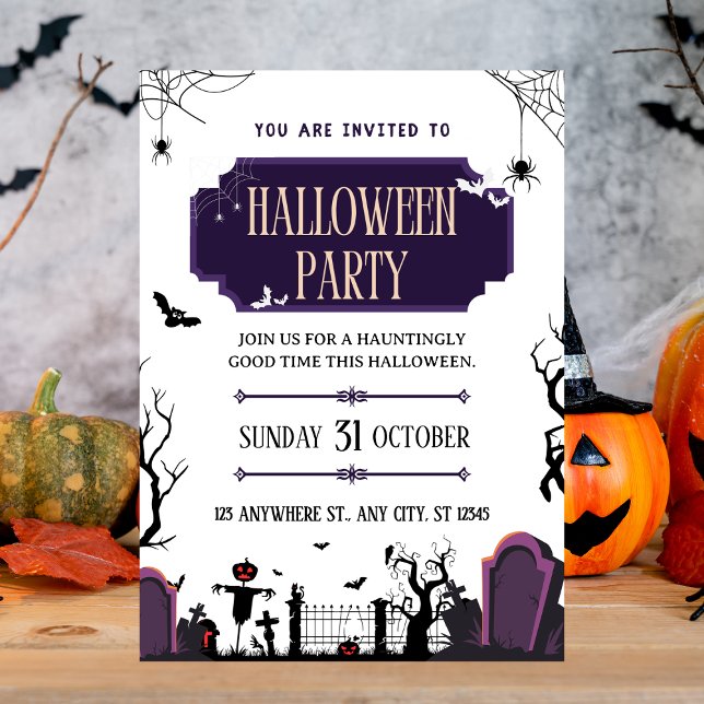 Invitation à la fête d'Halloween Graveyard & Bats  (Spooky Graveyard & Bats Halloween Party Invitation
)