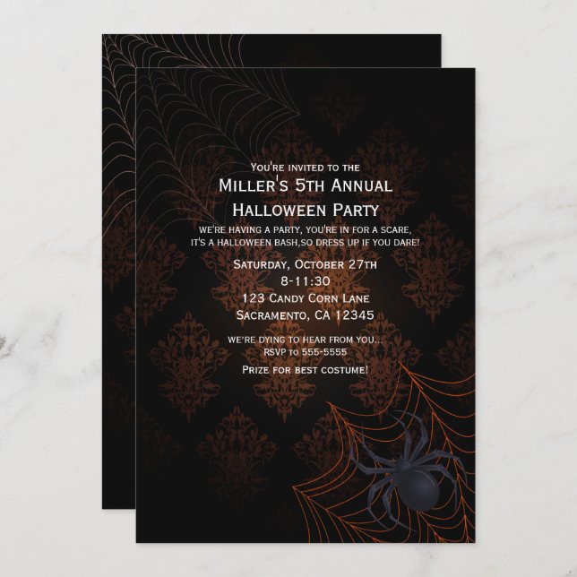 Invitation à la fête d'Halloween Orange et Noir Da (Devant / Derrière)