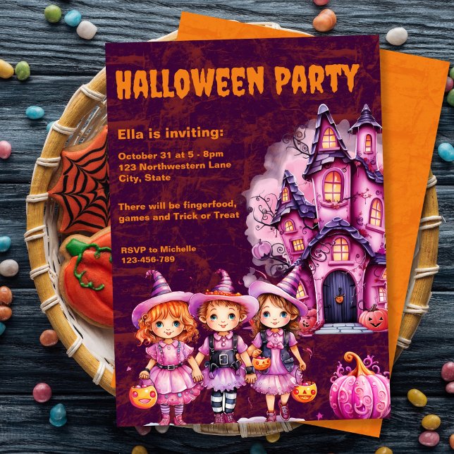 Invitation à la fête d'Halloween pour enfants rose (Pink Kids Halloween Party Invitation
)