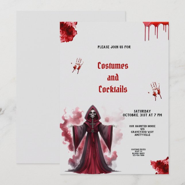 INVITATION À LA FÊTE D'HALLOWEEN SQUELETTE ET SANG (Devant / Derrière)