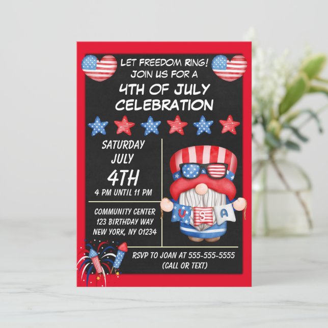 Invitation à la fête du 14 juillet avec un gnome (Debout devant)