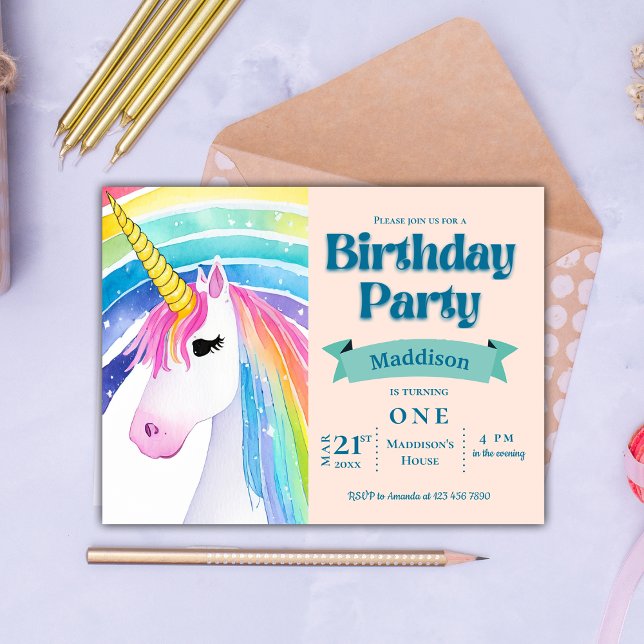 Invitation à la fête du 1er anniversaire de Rainbo (Rainbow Kids Unicorn 1st Birthday Party Invitation Postcard)