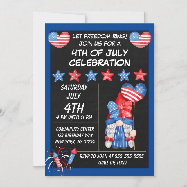 Invitation à la fête du 4 juillet Gnome en bleu (Devant)