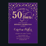 Invitation à la fête du 50e anniversaire - Gold Pu<br><div class="desc">Invitation à la fête du 50e anniversaire. Design élégant avec parties scintillant en or et violet. Bonjour à 50 ans ! Message-moi si vous avez besoin d'une personnalisation plus poussée.</div>