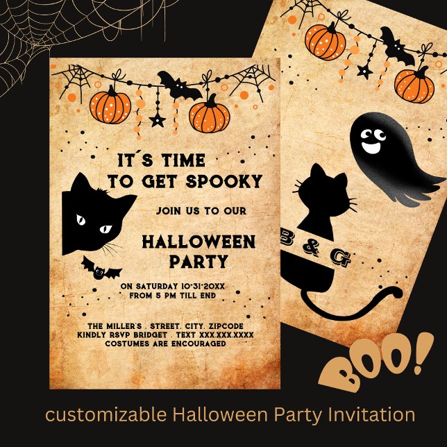 invitation à la fête du chat noir (cute customizable Halloween Party Invitation Hobinishop)