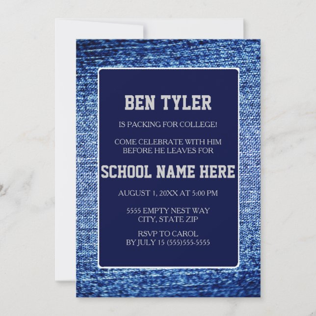Invitation à la fête du coffre en denim bleu et bl (Devant)